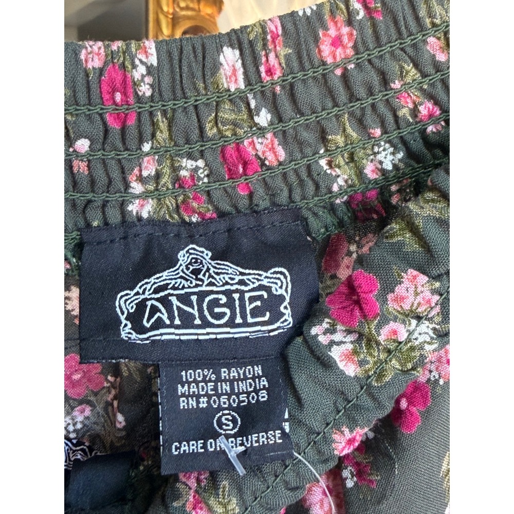 Angie Floral Wide Leg Pants Small Olive Green Pink Tiered Ruffle Boho Rayon - Picture 5 of 7